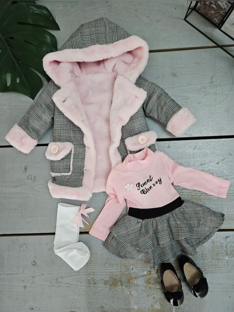 Mayorista Chicaprie - Conjunto para niña con abrigo de piel sintética a rayas y vestido corto de flores con vuelo