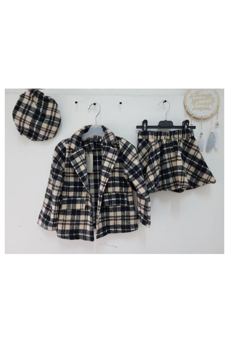 Grossiste Chicaprie - Ensemble Veste A Carreaux Rayures Et Jupe Courte Evasée Chic Citadine Fille