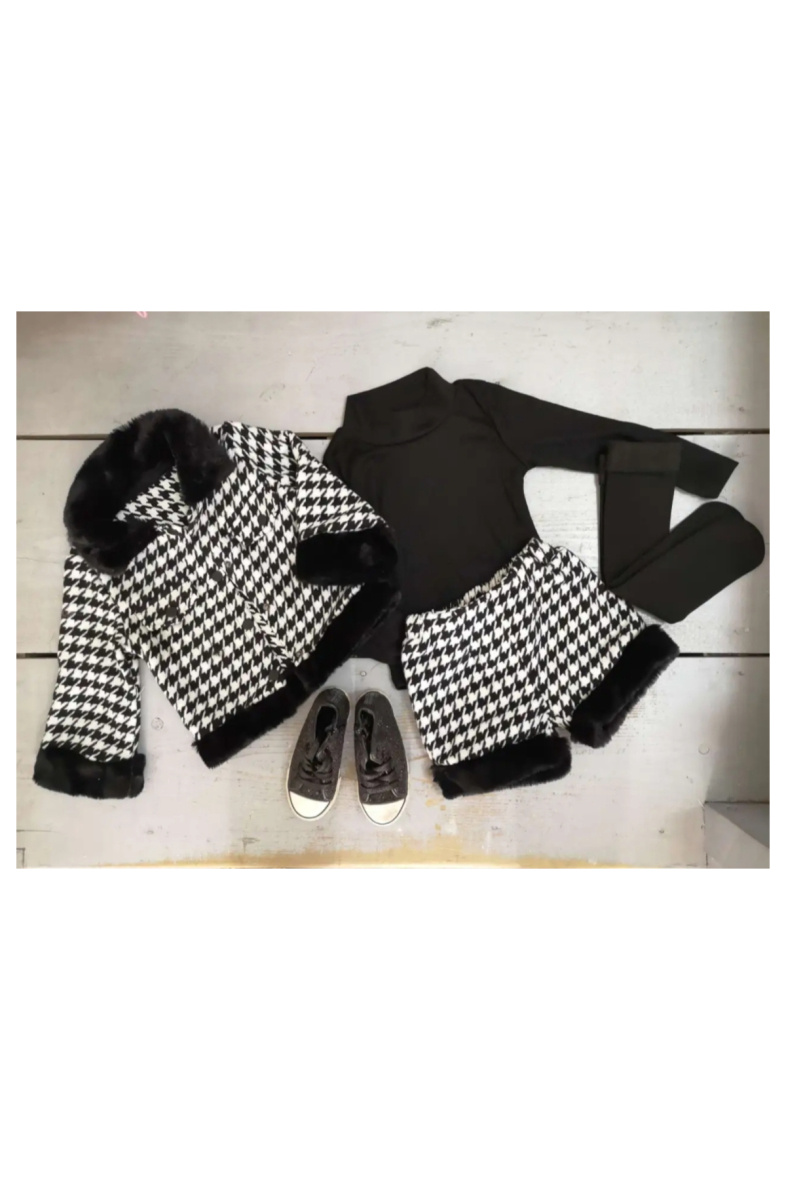 Mayorista Chicaprie - Conjunto de chaqueta y pantalones cortos de piel sintética de pata de gallo con calcetines altos para niña