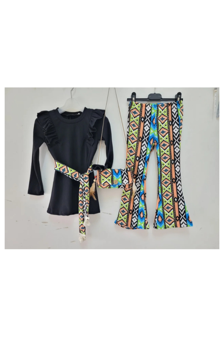 Großhändler Chicaprie - Mädchen-Outfit mit einfarbigem Oberteil mit Rüsche und Hose mit abstraktem Print und Gürtel