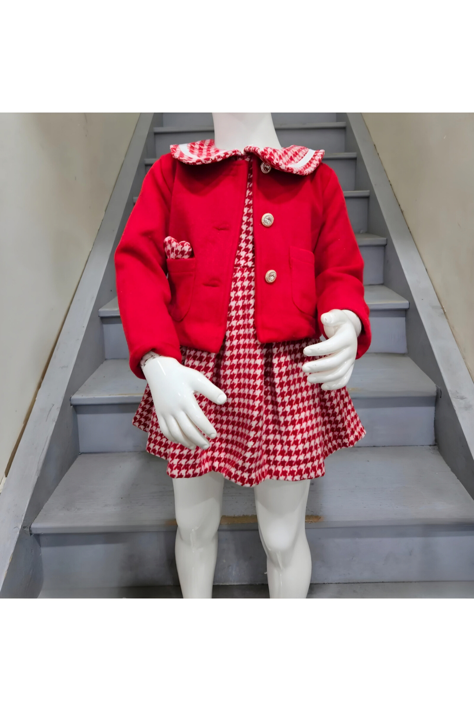 Grossista Chicaprie - Completo da bambina composto da gilet tinta unita e vestito smanicato con colletto a volant e motivo pied de poule