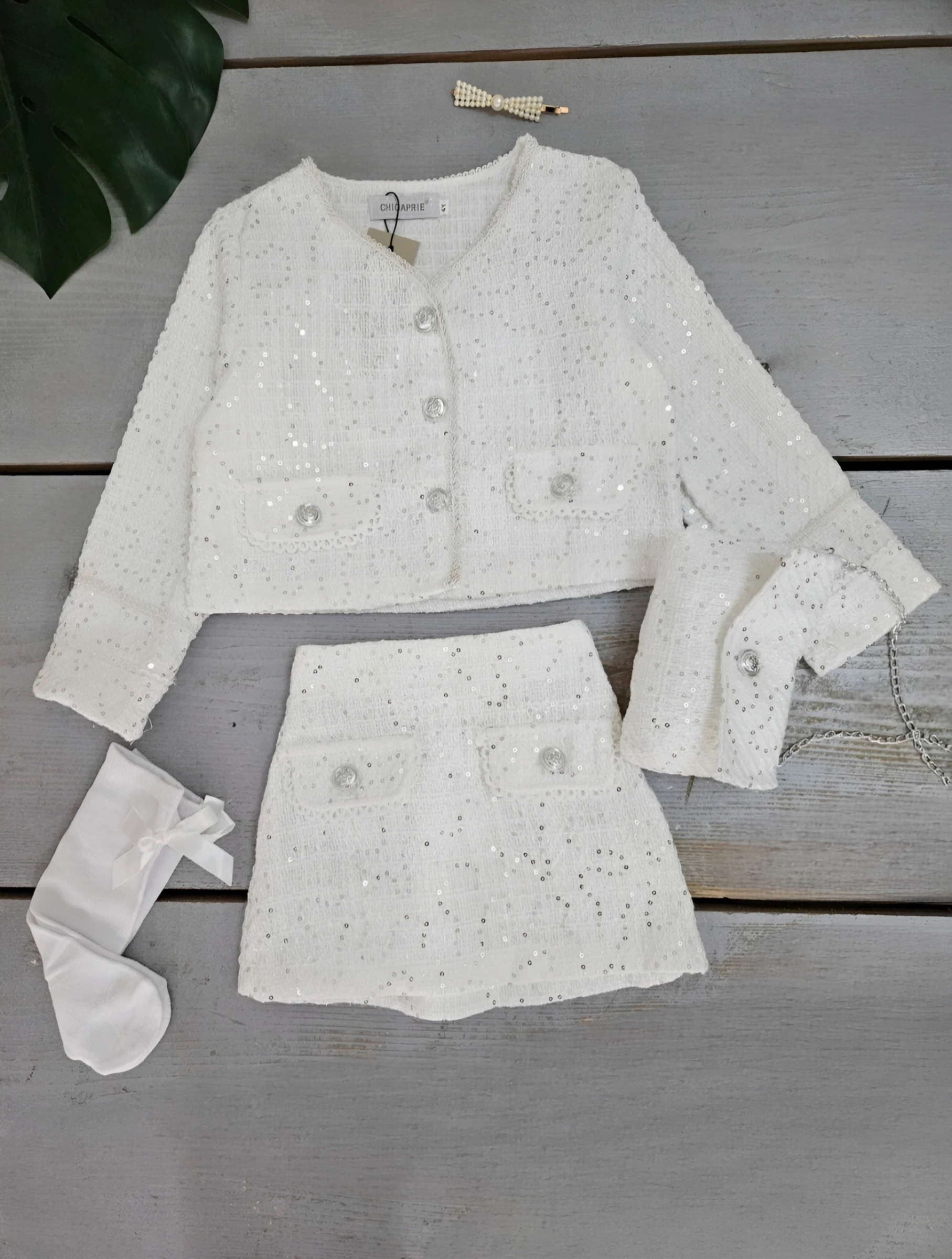 Großhändler Chicaprie - Tweed-Jacken-und-kurzer-Rock-Set mit Knöpfen und Schleifensocken für Mädchen