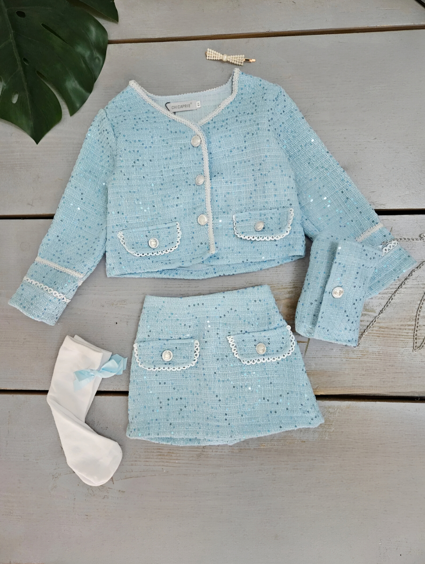 Grossiste Chicaprie - Ensemble Veste Et Jupe Courte Boutons Tweed Avec Chaussette Noeuds Fille