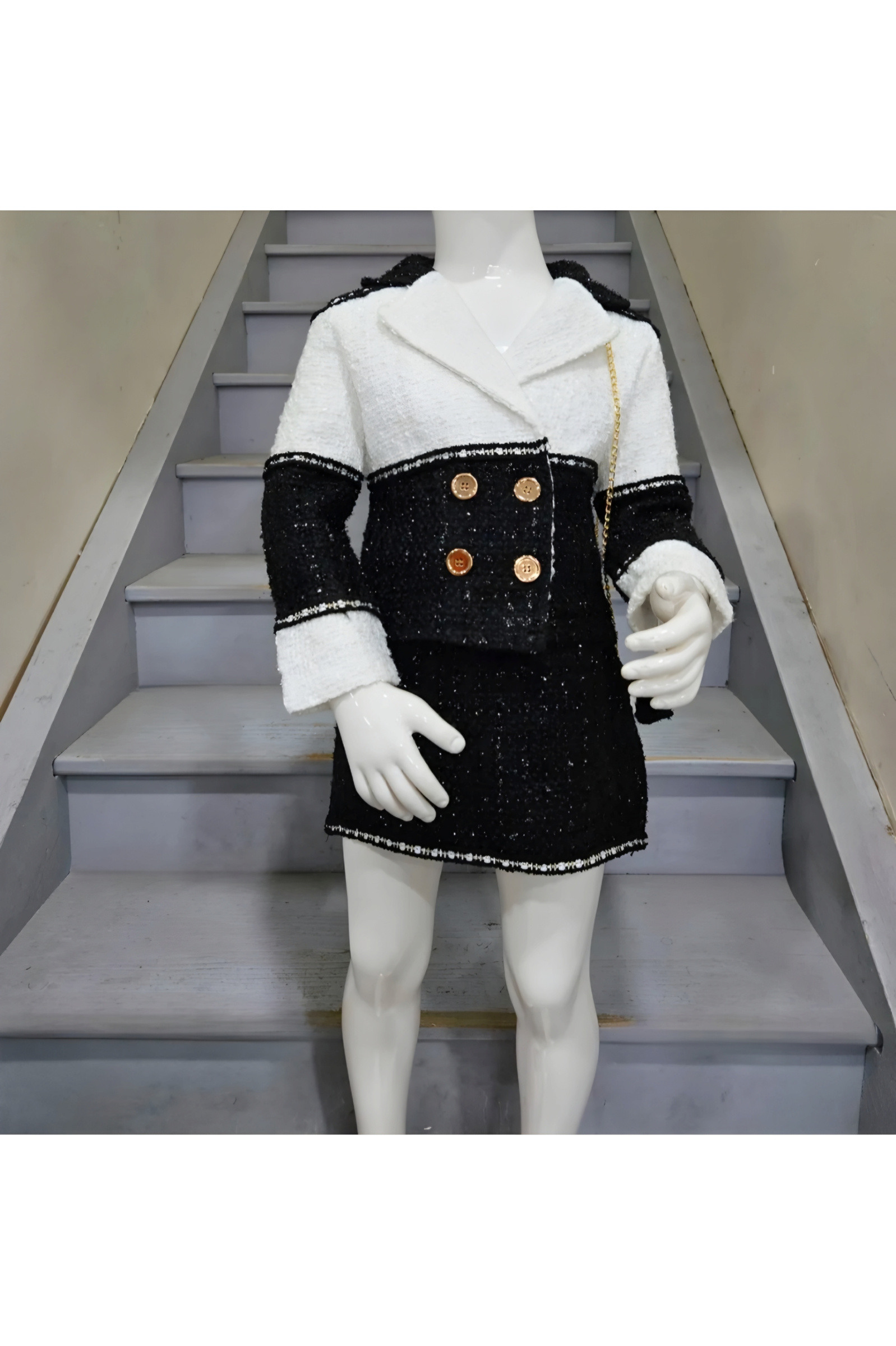 Großhändler Chicaprie - Mädchen Set mit zweifarbiger Tweedjacke, kurzem Rock und Fantasie-Tasche