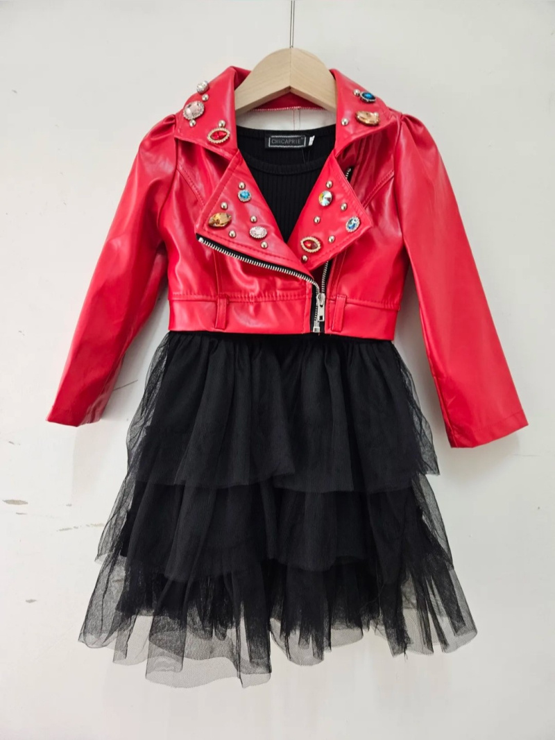 Großhändler Chicaprie - Kunstlederjacke mit Strasssteinen für Mädchen und einfarbiges Kleid für Mädchen