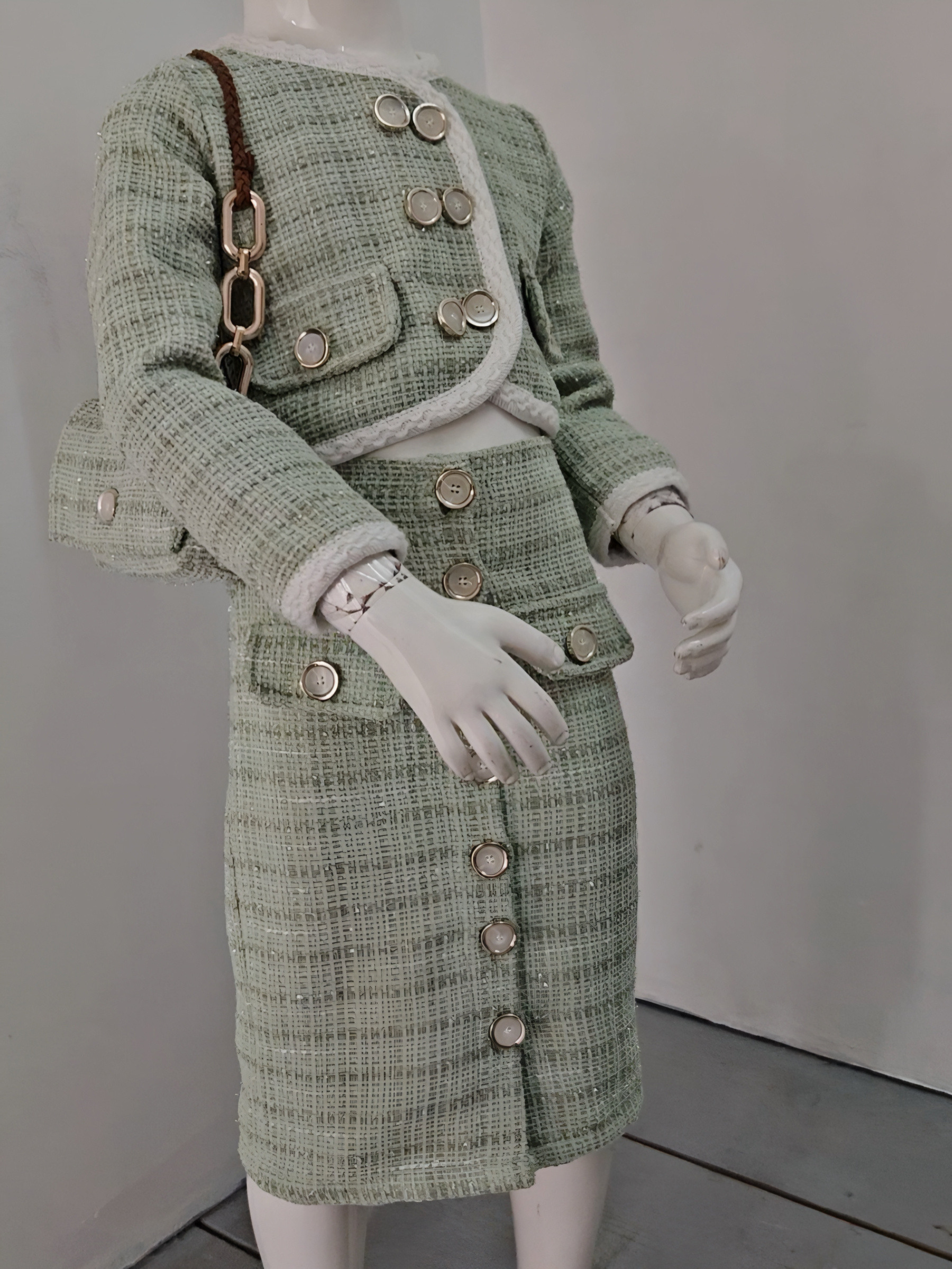 Mayorista Chicaprie - Conjunto elegante de chaqueta y falda larga de tweed con botones, estructurado, para niña