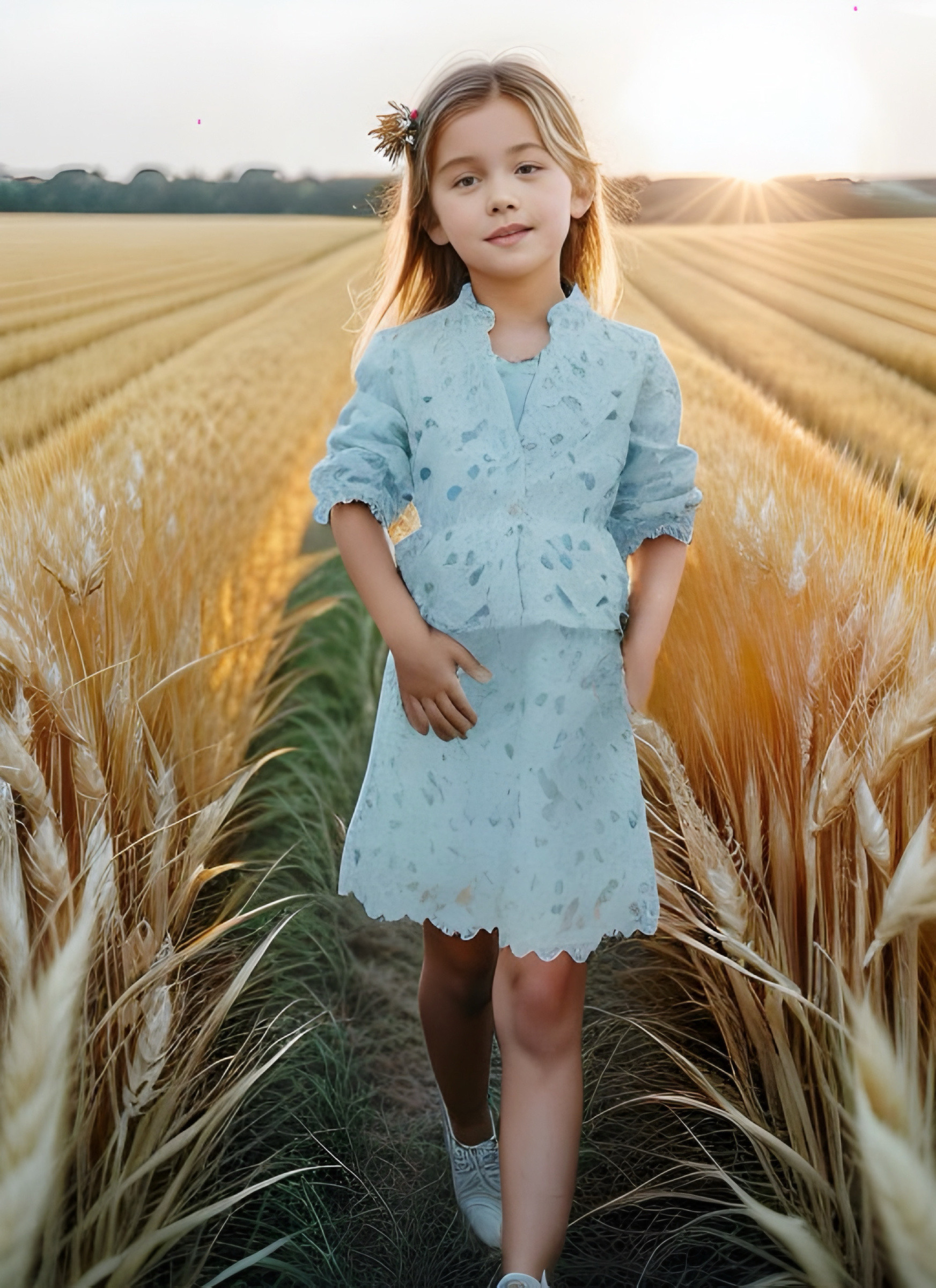 Mayorista Chicaprie - Conjunto para niña con chaqueta, falda corta lisa con detalles de encaje floral y top con tirantes