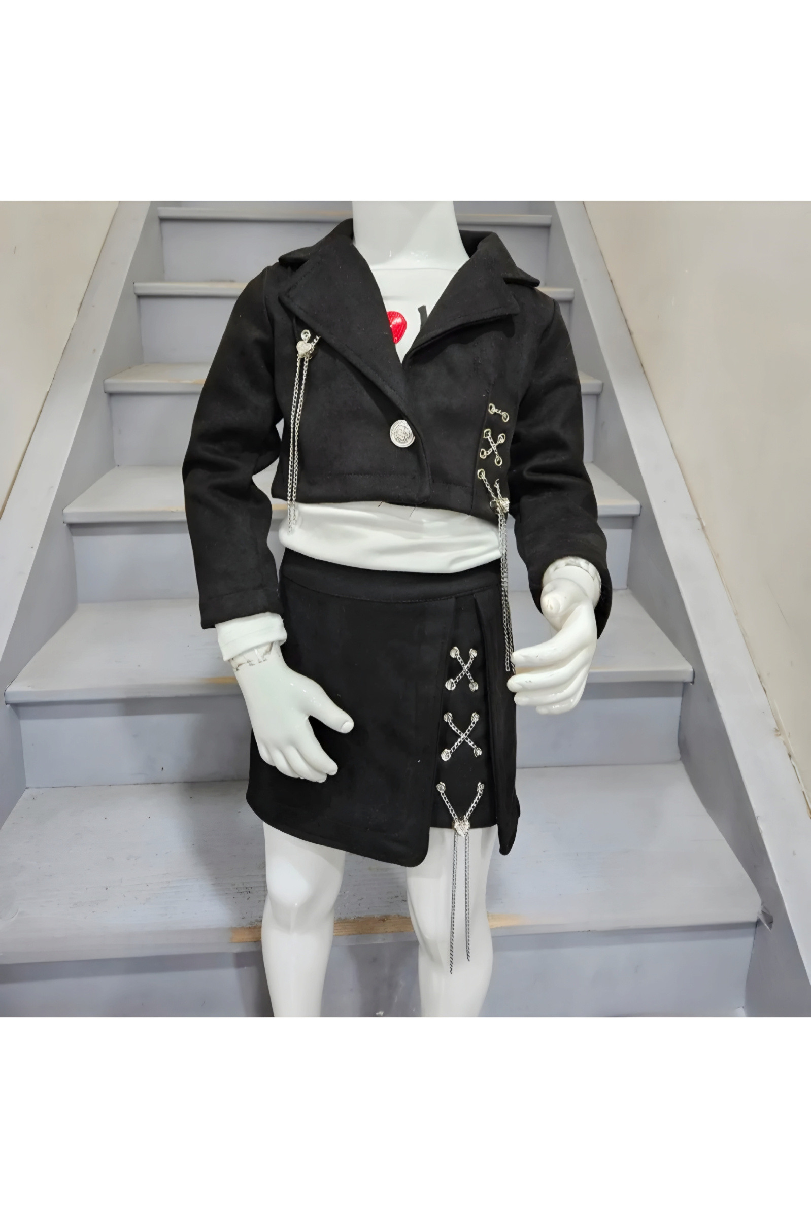 Großhändler Chicaprie - Mädchen Set mit Jacke und Rock aus Wildlederimitat und Ketten, inklusive T-Shirt