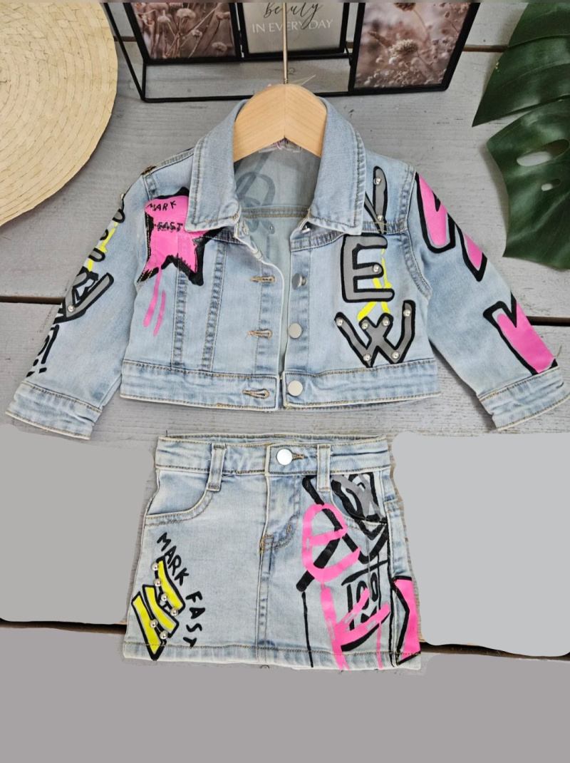 Großhändler Chicaprie - Jeansjacke und kurzer Jeansrock Set mit Street-Art-Tags für Baby Mädchen