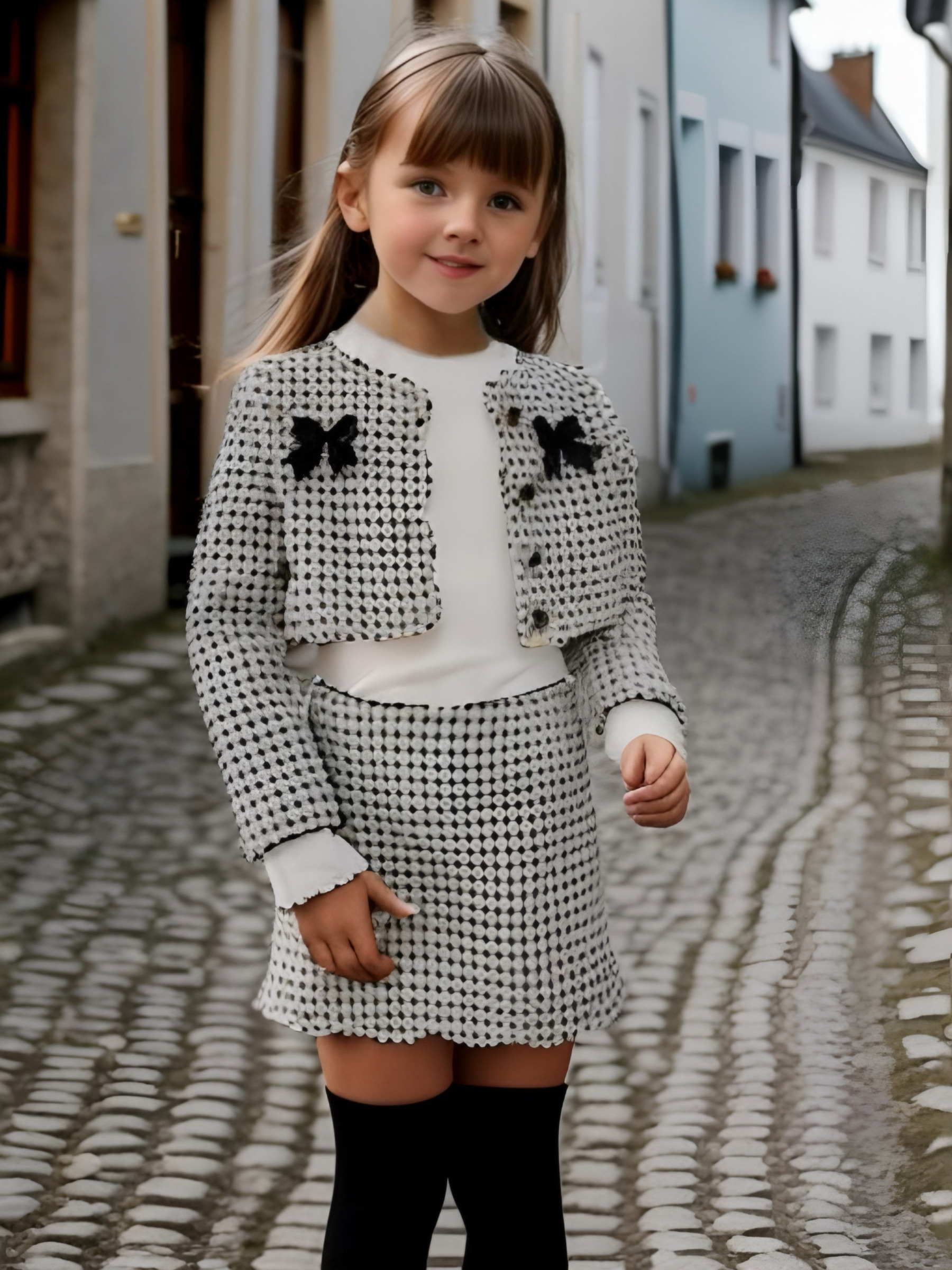 Großhändler Chicaprie - Mädchen-Outfit mit Jacke mit Schleifen und Herz-Knöpfen und kurzem kariertem Tweedrock