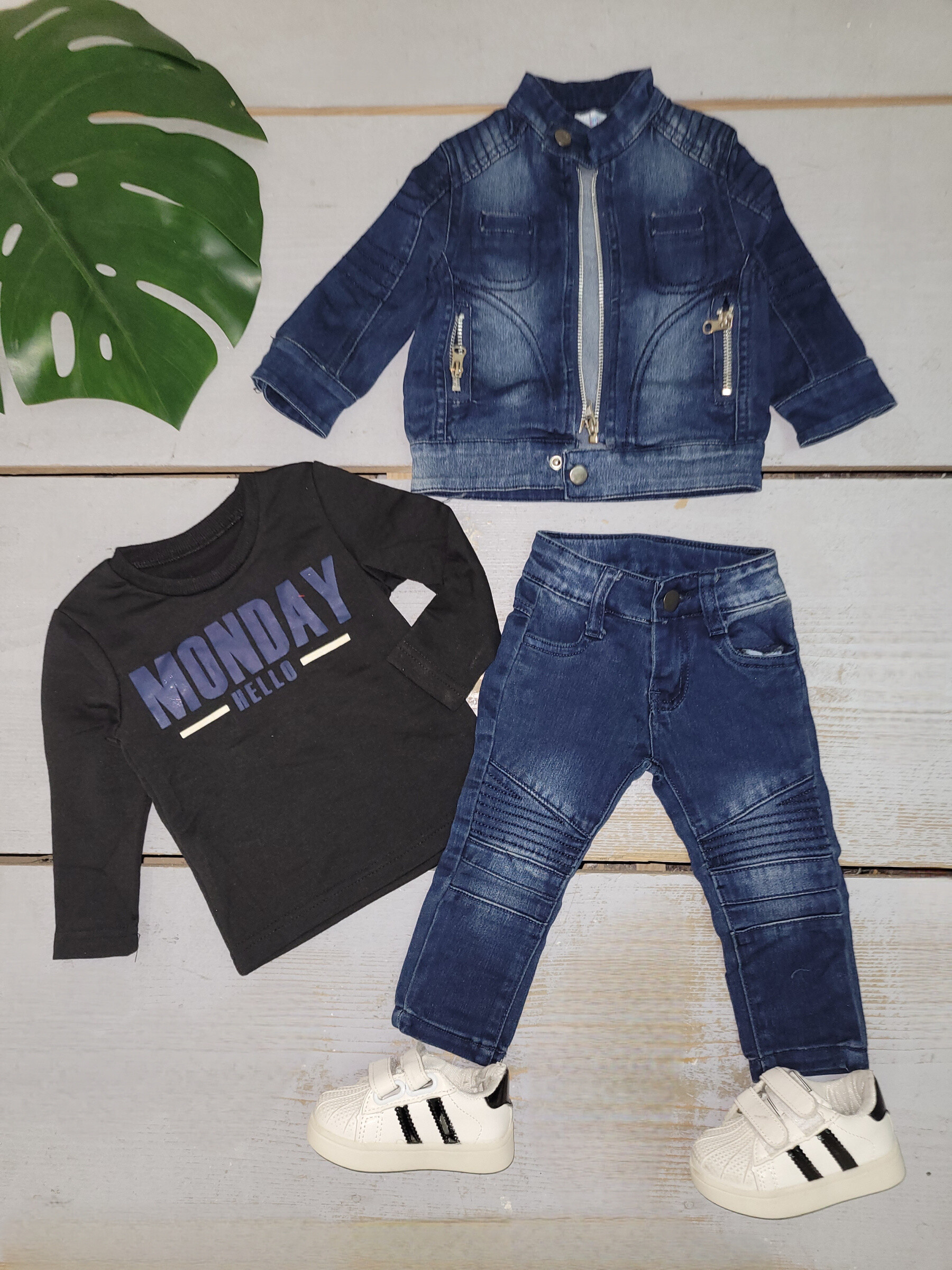 Grossiste Chicaprie - Ensemble Veste Zip Et Pantalon Jeans Pliures Avec Tee-Shirt Uni Bébé Garçon