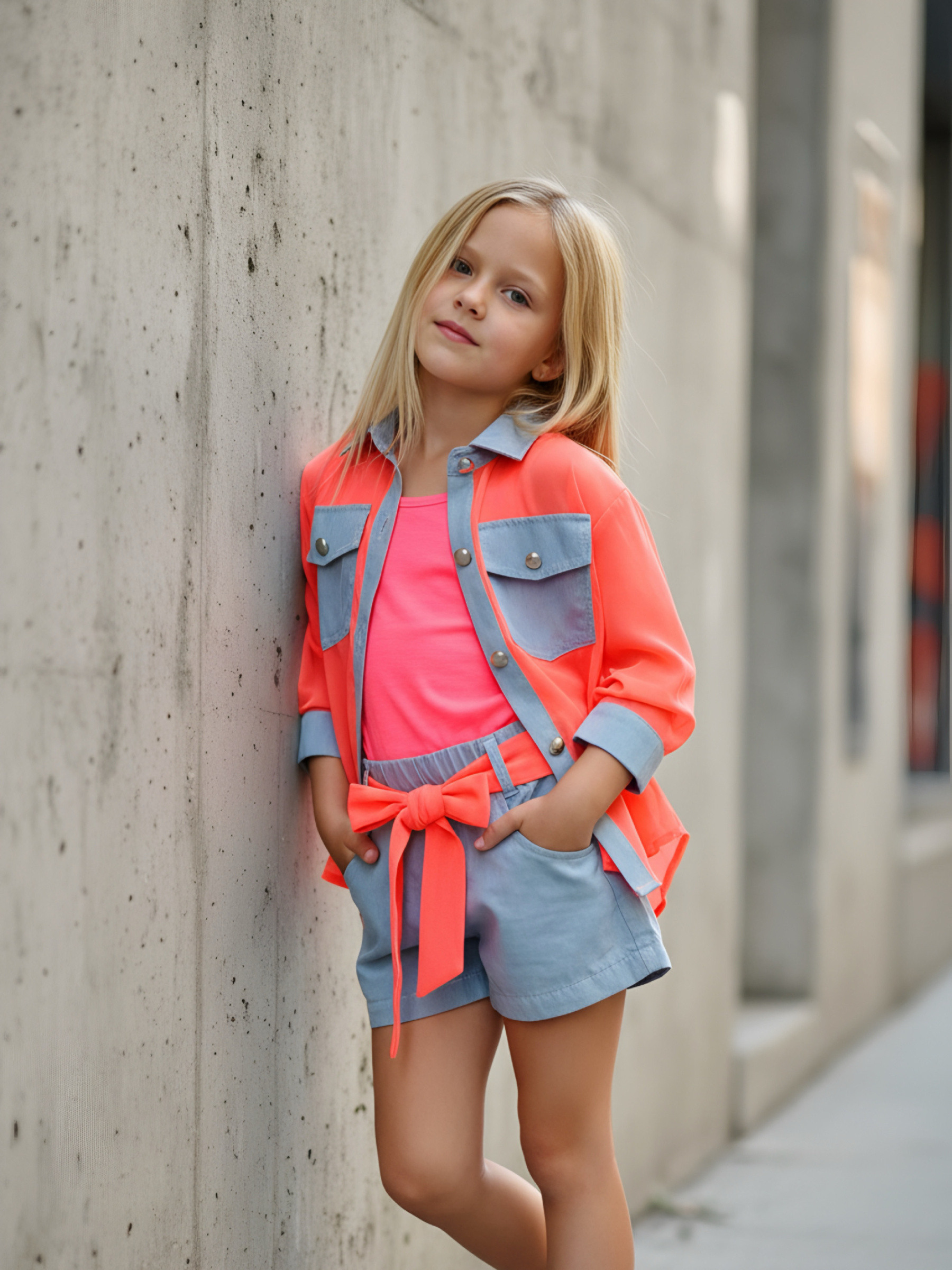 Großhändler Chicaprie - Outfit mit Hemd und fließenden, einfarbigen Shorts und Jeans mit Trägertop für Mädchen