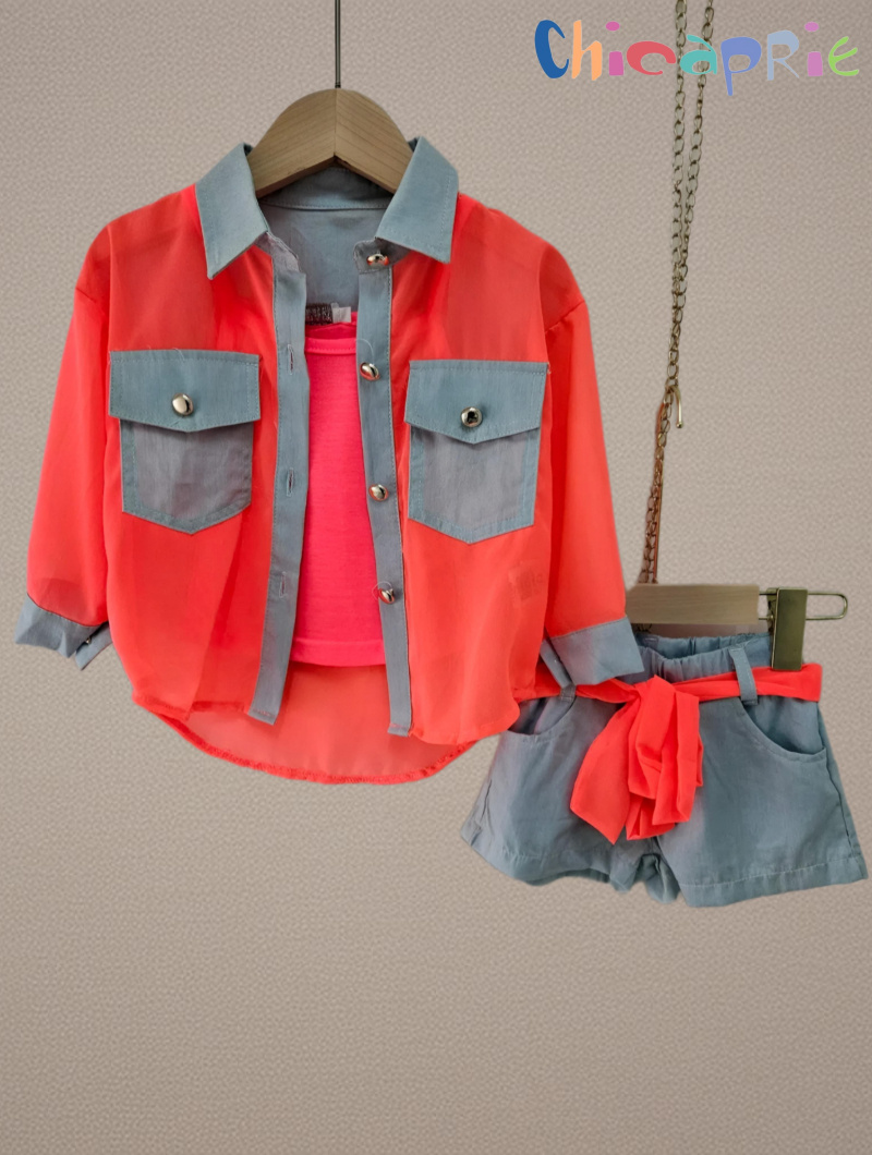 Grossista Chicaprie - Completo con camicia e pantaloncini corti in tessuto fluido tinta unita e jeans con top a spalline per ragazza