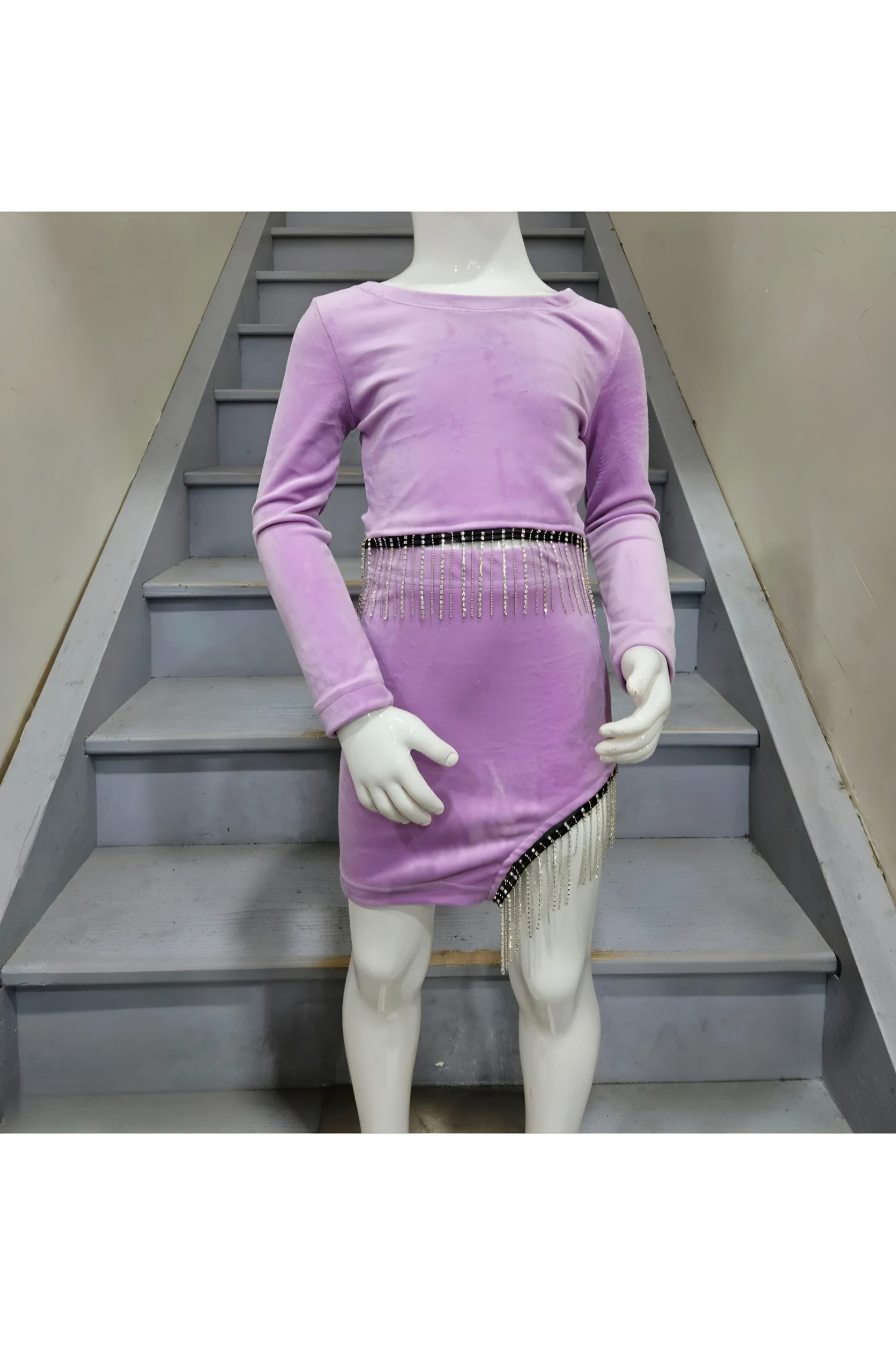 Grossiste Chicaprie - Ensemble Haut ML ET Jupe Unie Avec Franges Strass Fille