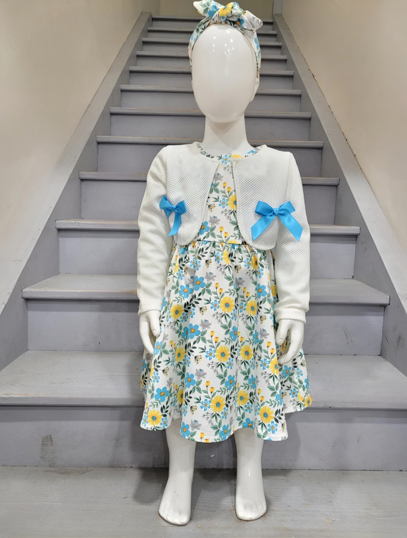 Grossiste Chicaprie - Ensemble Boléro Noeuds Et Robe Fleurie Florale Sans Manche Bandeau Fille