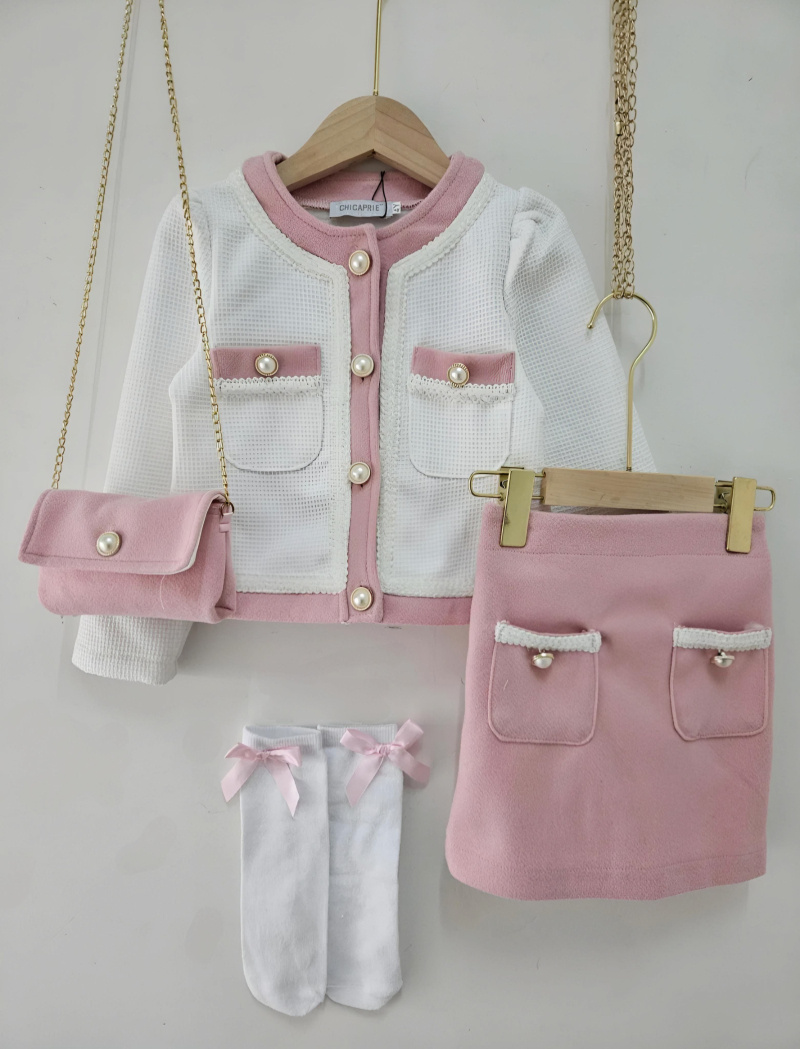 Großhändler Chicaprie - Outfit Jacke Weste Und Kurzer Rock Perlenknopf Chic Mädchen