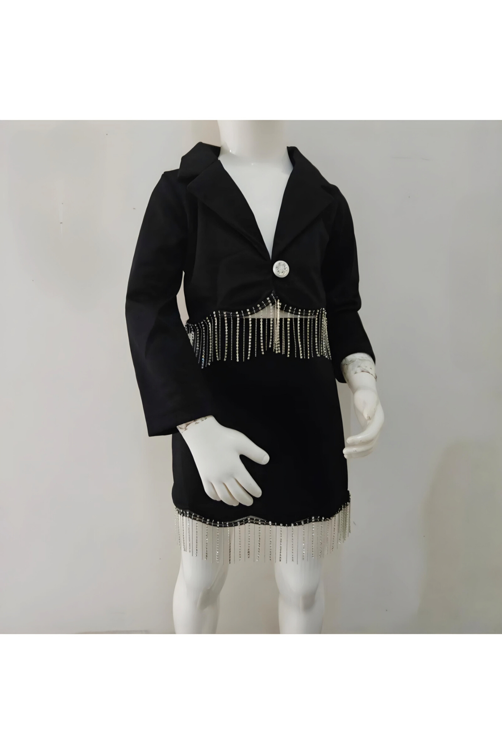 Mayorista Chicaprie - Conjunto de chaqueta y minifalda de ante con flecos y pedrería metálica para niña