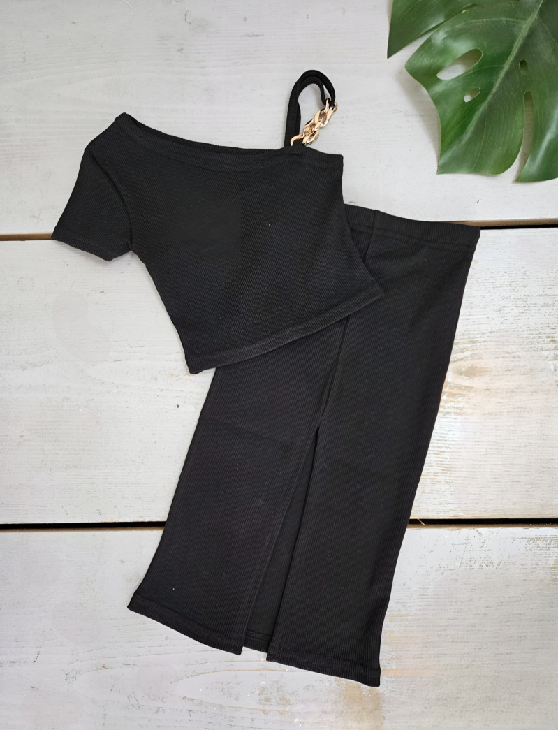 Grossiste Chicaprie - Ensemble Top Epaule Nue Chaines et Jupe Texturé Fille