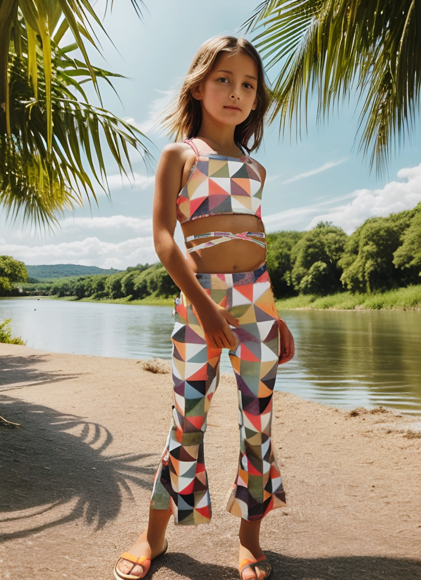Wholesaler Chicaprie - Girls' Backless Strap Top, Flared Trousers and Colorful Patterned Headband Set