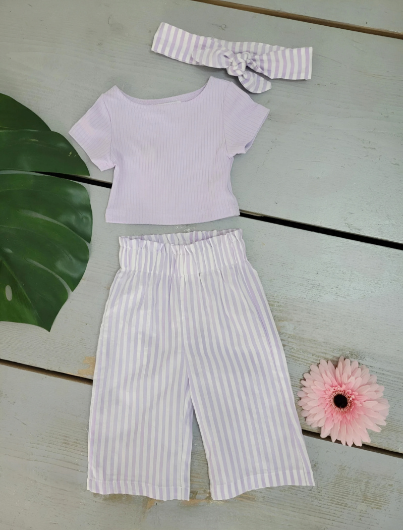 Großhändler Chicaprie - Set für Baby Mädchen, bestehend aus einem einfarbigen, strukturierten Oberteil, einer weit geschnittenen, gestreiften Hose und einem Haarband