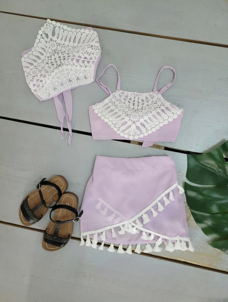 Grossiste Chicaprie - Ensemble Top Détails Dentelles et Short Franges Pompons Bandeau Coloré Fille
