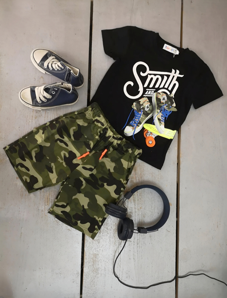 Wholesaler Chicaprie - Boys' Urban Skate Style Camouflage Top and Shorts Set