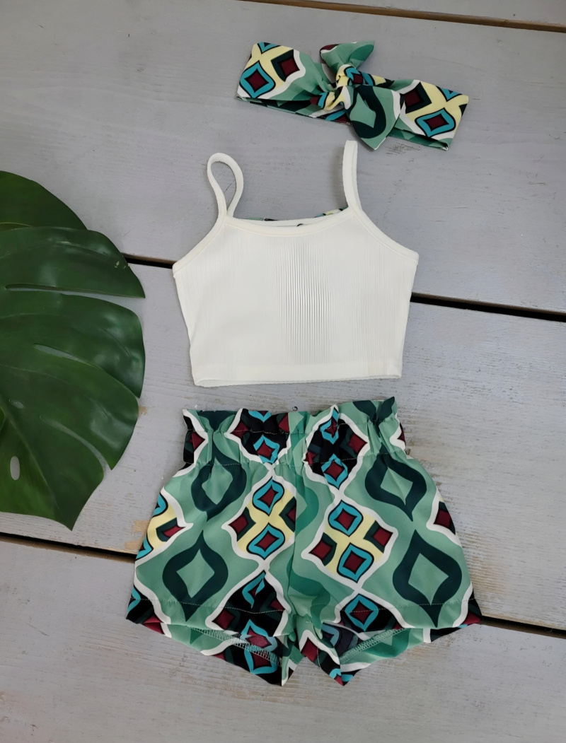 Grossiste Chicaprie - Ensemble Top Uni Noué Et Short A Motif Colorée Avec Bandeau Fille