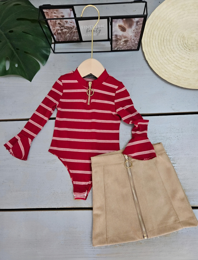 Mayorista Chicaprie - Conjunto de body a rayas para niña con falda estilo ante liso
