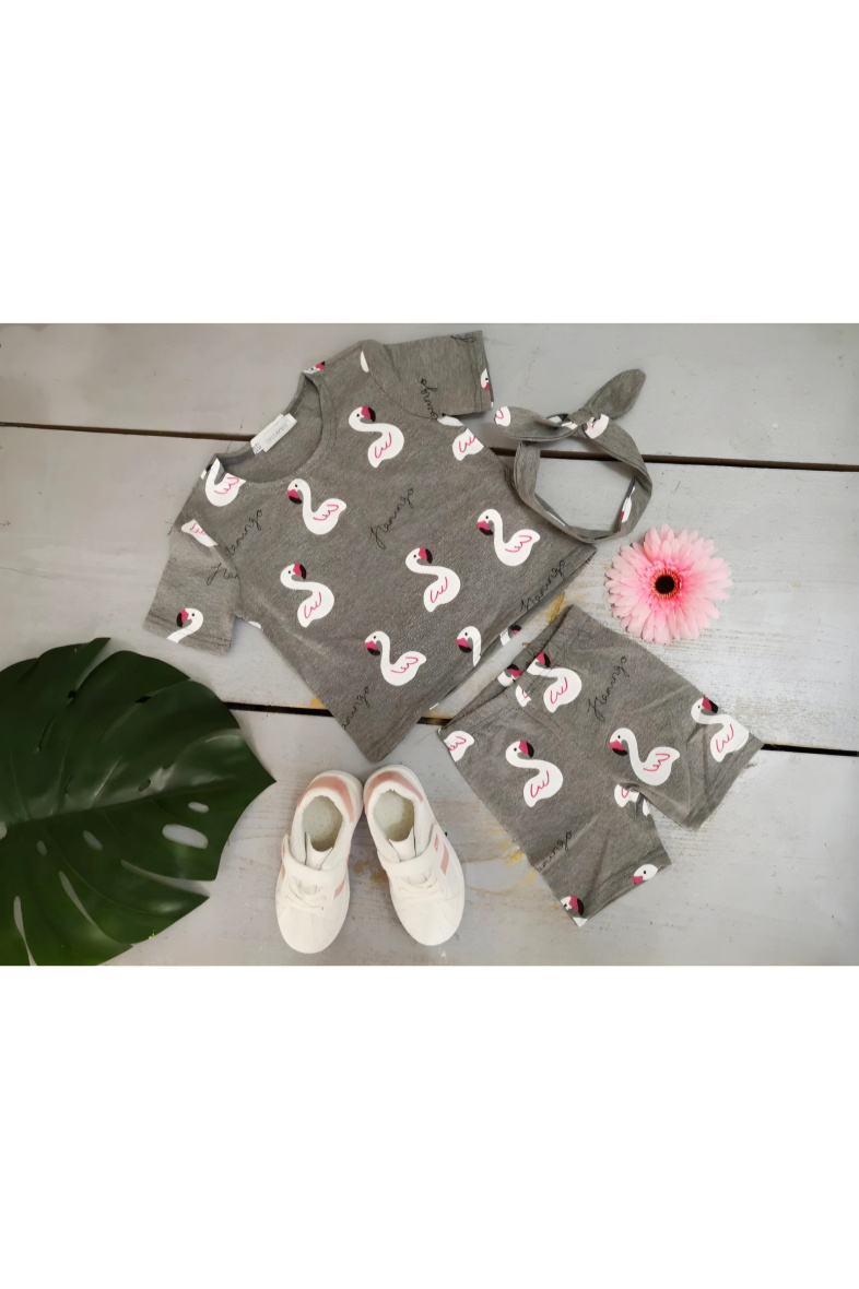Grossiste Chicaprie - Ensemble Tee-Shirt Et Short Flamant Classique Cycliste Sport Avec Bandeau Fille