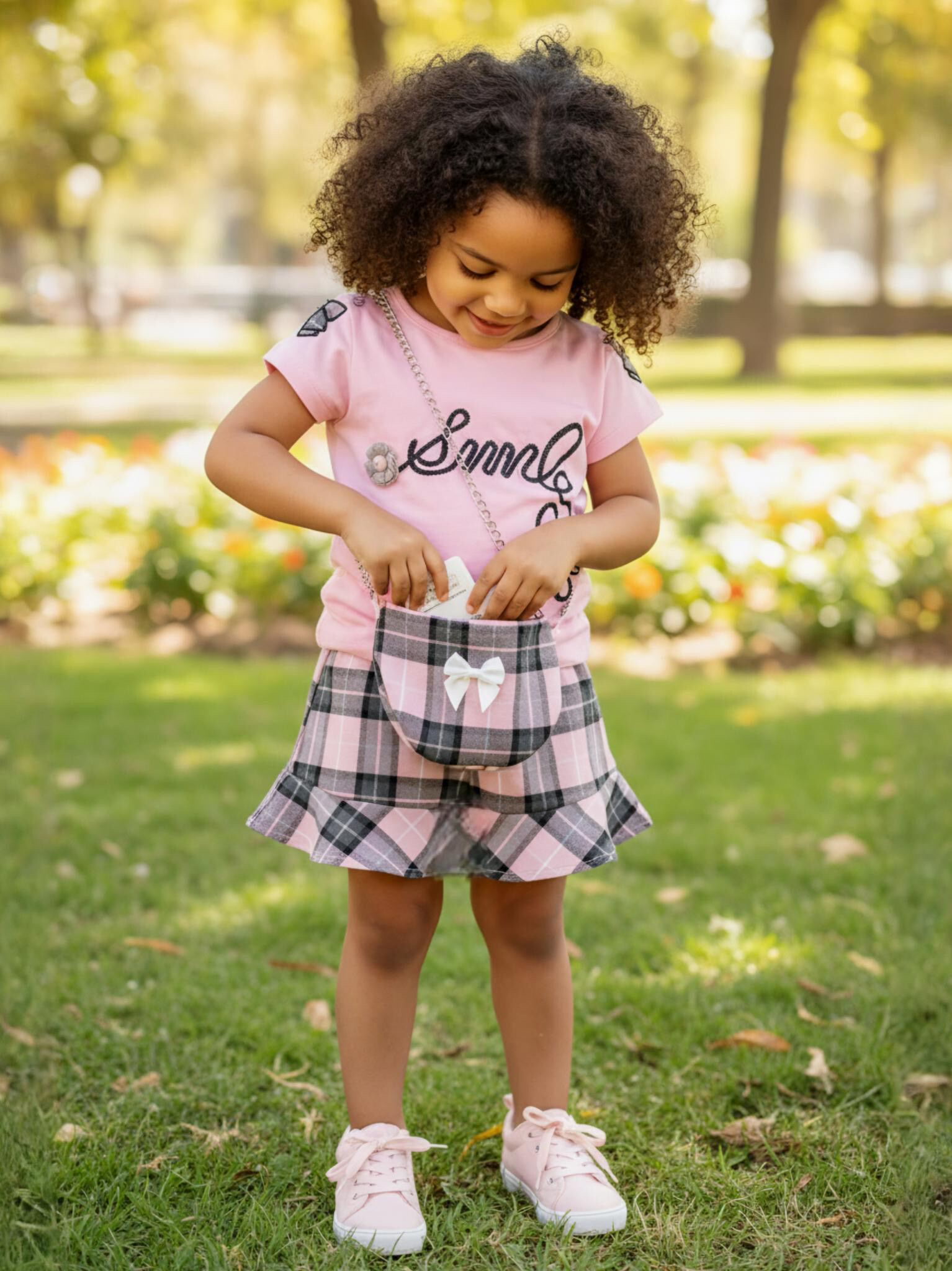 Großhändler Chicaprie - Mädchen-Set aus T-Shirt mit Blumenstickerei „SMILE“ und kurzem Rock mit Rüschen und Karomuster