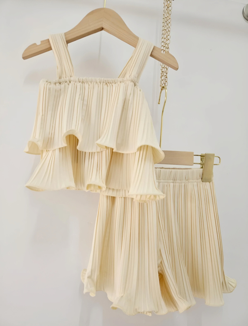 Grossiste Chicaprie - Ensemble Top Volant Et Short Plissée Fluide Uni Fille