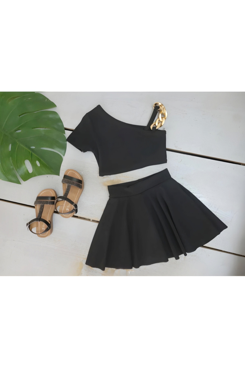 Mayorista Chicaprie - Conjunto de niña de top corto con hombros descubiertos de cadena y falda corta plisada lisa