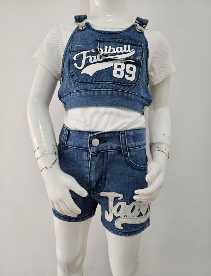 Wholesaler Chicaprie - Football Tank Top Set and Sport Denim Shorts with a Plain Top for a Girl