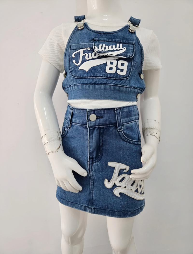 Wholesaler Chicaprie - Girls' Sports Jeans Top and Short Skirt Set with Plain T-Shirt