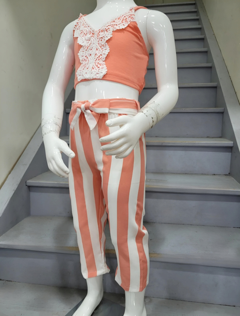 Mayorista Chicaprie - Nodo de nudo de cinturón de encaje de tapa y pantalones a rayas de dos tono