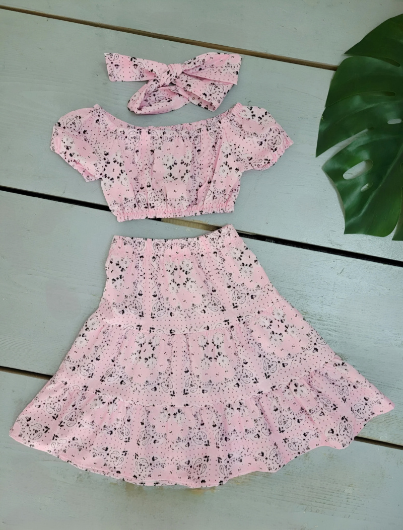Grossiste Chicaprie - Ensemble Crop-Top Bouffante Et Jupe A Motif Abstrait Floral Avec Bandeau Fille