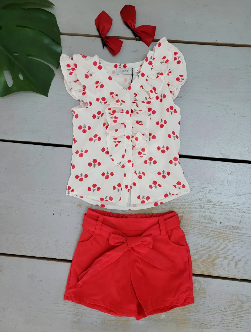 Grossista Chicaprie - Camicia a raffica volante e pantaloncini uniti con Barettes Node Girl