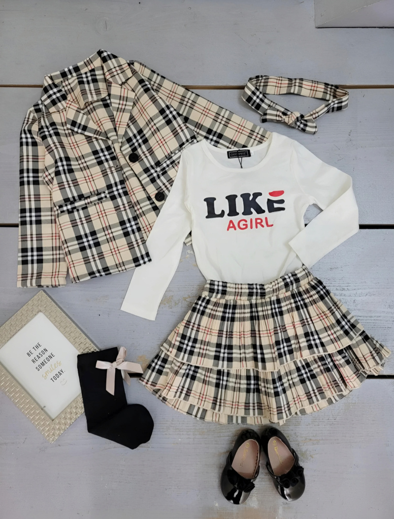 Großhändler Chicaprie - Set Jacke Knöpfe Und Rock Quadratisch Gestreift Socke Knoten Mädchen