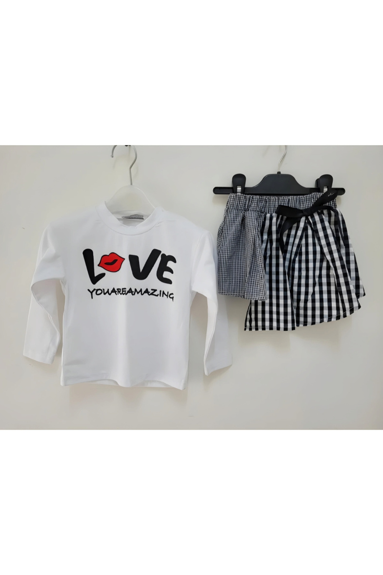 Grossiste Chicaprie - Ensemble Tee-Shirt "Love" Et Jupe Bi-Motifs Carreaux Asymétrique Noeud Fille