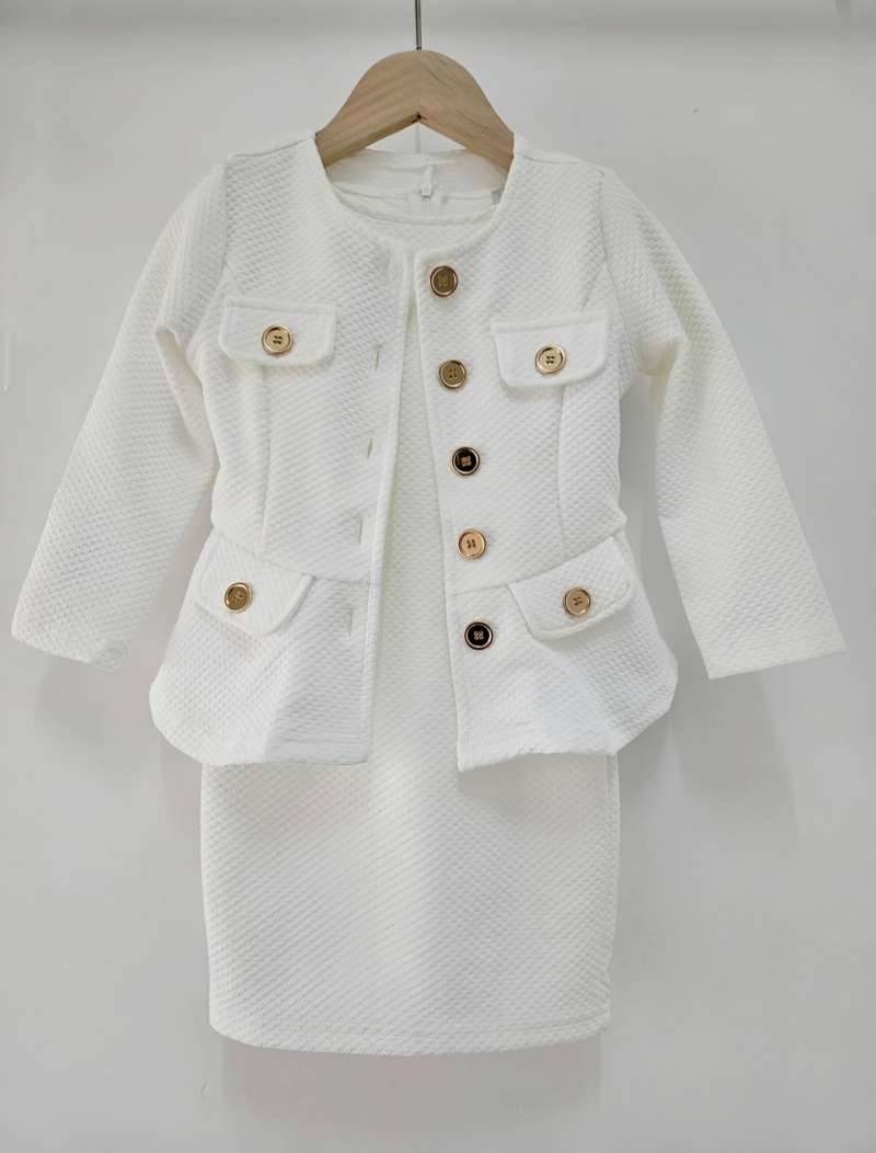 Mayorista Chicaprie - Conjunto de chaqueta blazer con botones dorados y vestido liso texturizado para niña