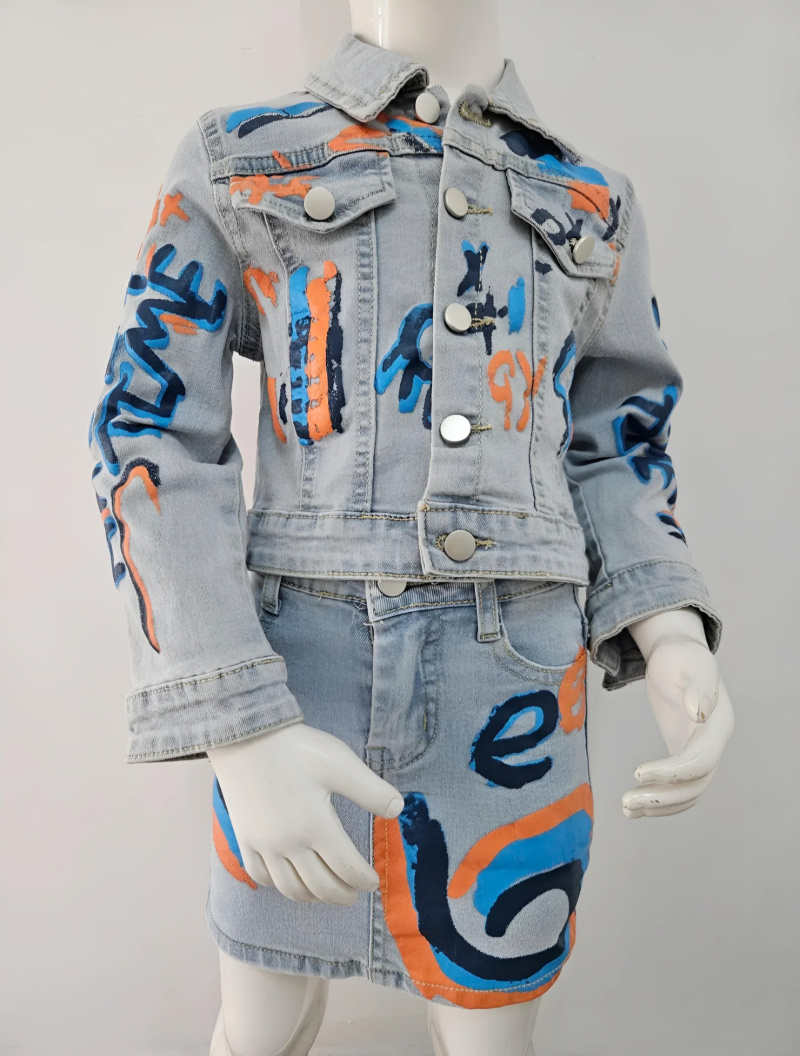 Mayorista Chicaprie - Chaqueta de botones de metal y falda corta jeans street arte pintura chica