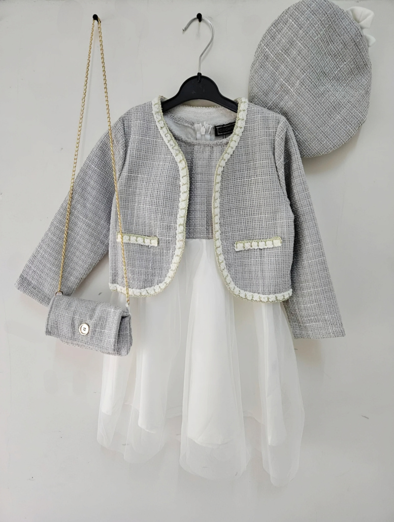 Grossista Chicaprie - Set composto da gilet, abito a balze e berretto basco in stile tweed per ragazze