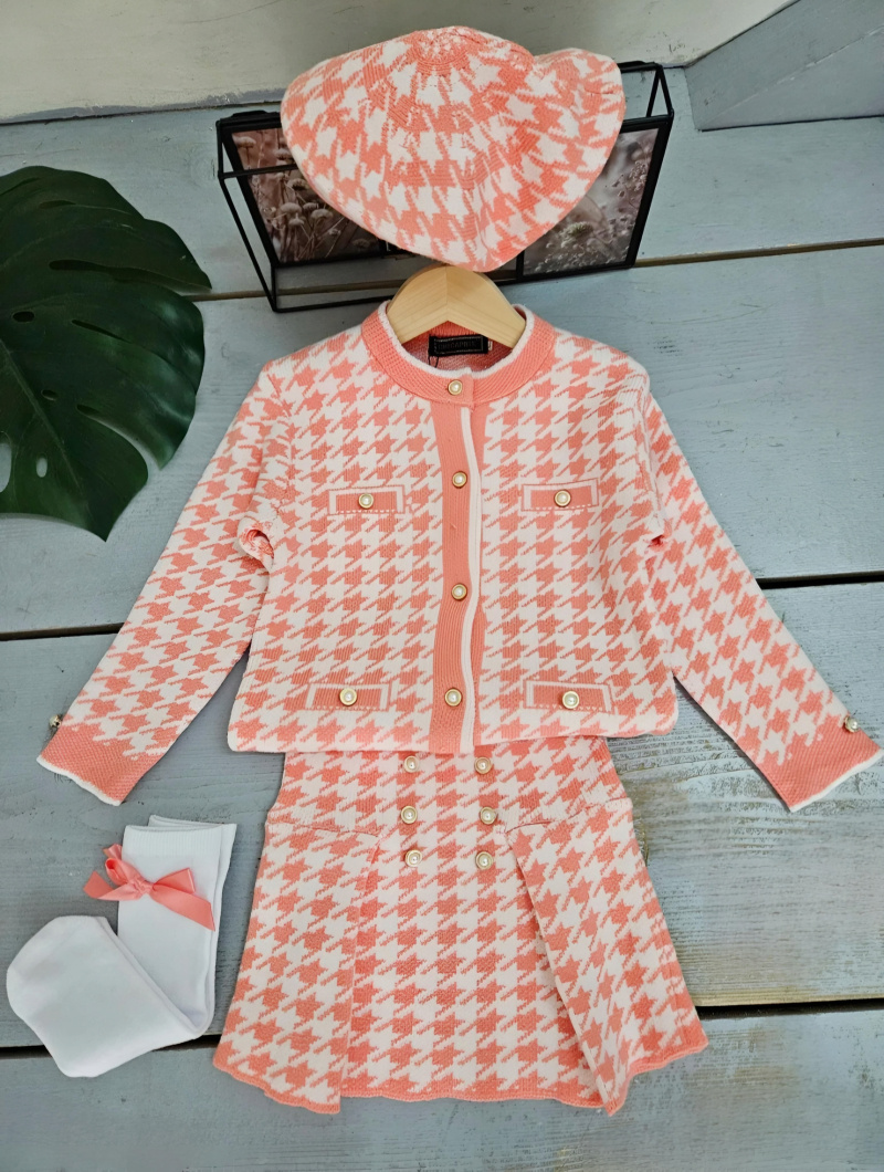 Grossiste Chicaprie - Ensemble Maille Gilet Et Jupe Pied de Poule Fille