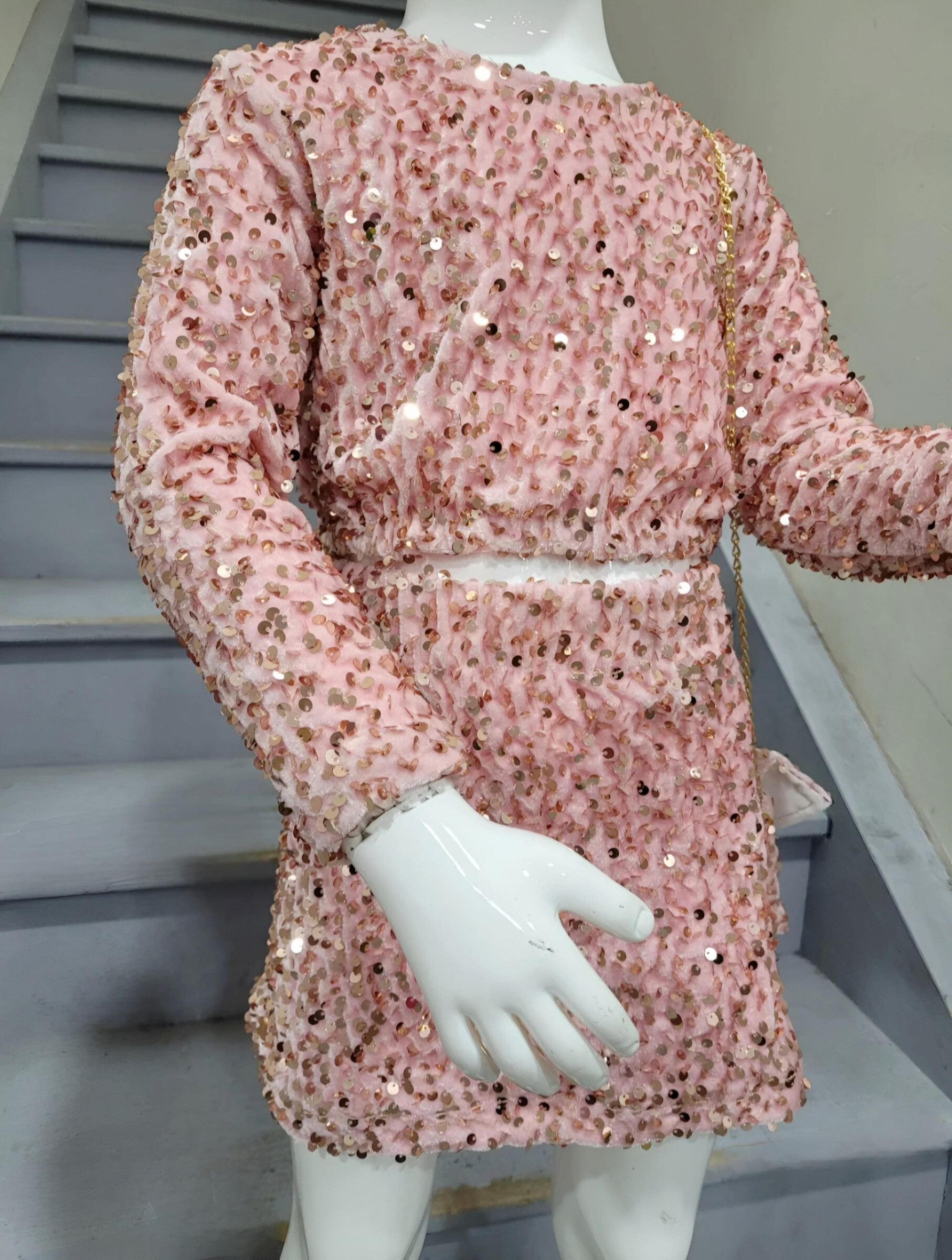 Mayorista Chicaprie - Conjunto de top y falda corta ML para niña con lentejuelas lisas y bolso elegante