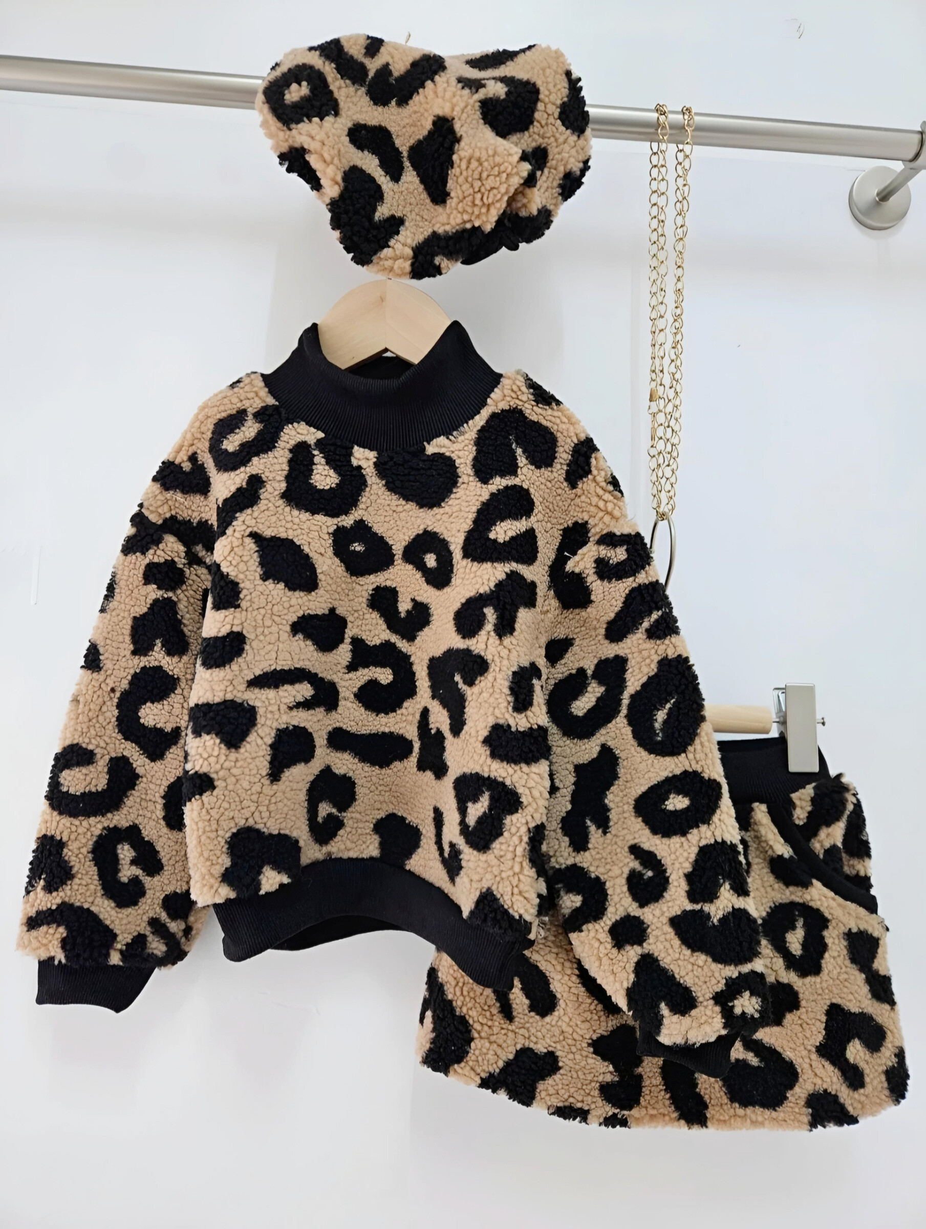 Mayorista Chicaprie - Conjunto de Niña Jersey Moumoute de Leopardo y Falda Corta con Boina Lazo
