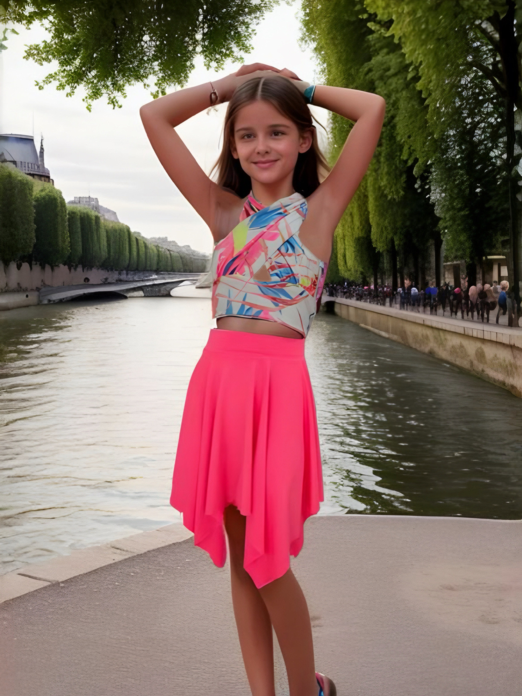 Grossiste Chicaprie - Ensemble Crop Top Effet Croisé Floral Et Jupe Uni Fluide Fille