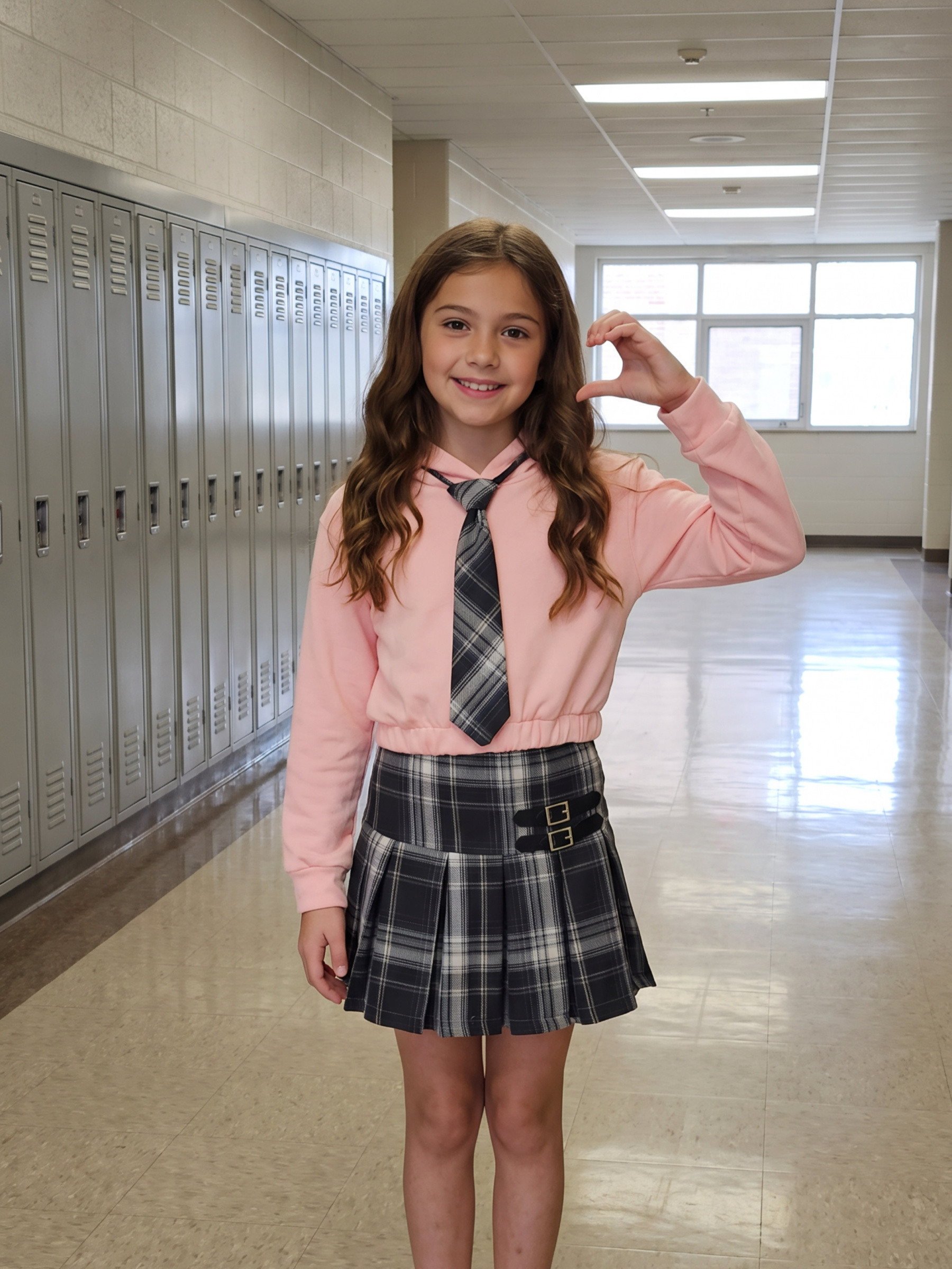 Grossiste Chicaprie - Ensemble Scolaire Sweat À Capuche Avec Jupe Plissée Et Cravate Carreaux Écossais Fille