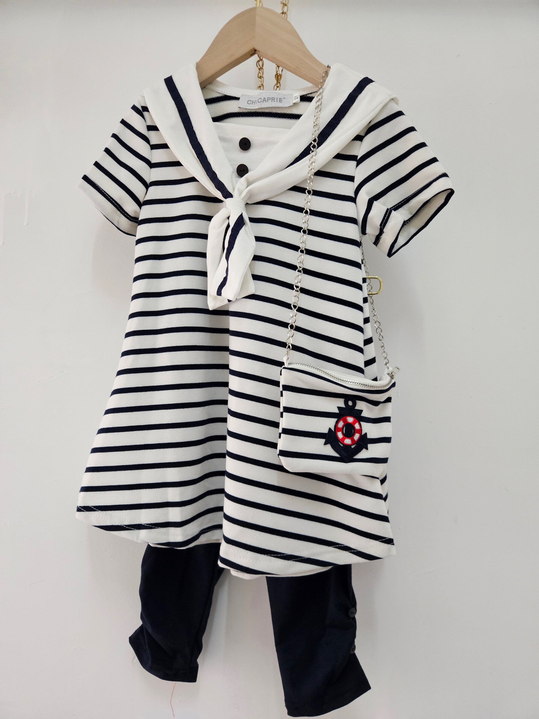 Grossista Chicaprie - Abito Stile Marinaretto a Righe con Leggings Unicolor per Ragazze