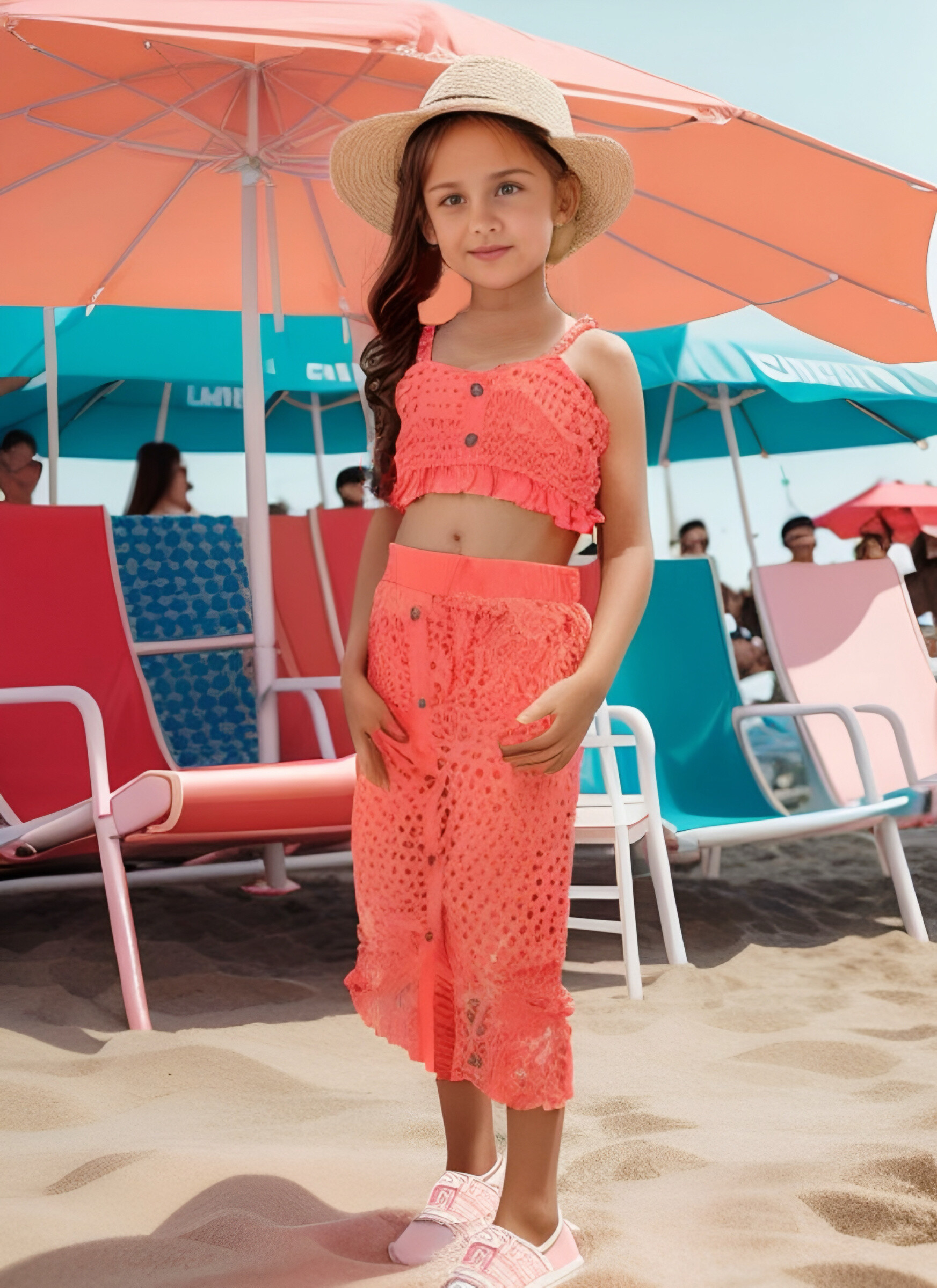 Grossiste Chicaprie - Ensemble Crop Top Bretelles Volant Et Jupe Style Crochet Filet Fille