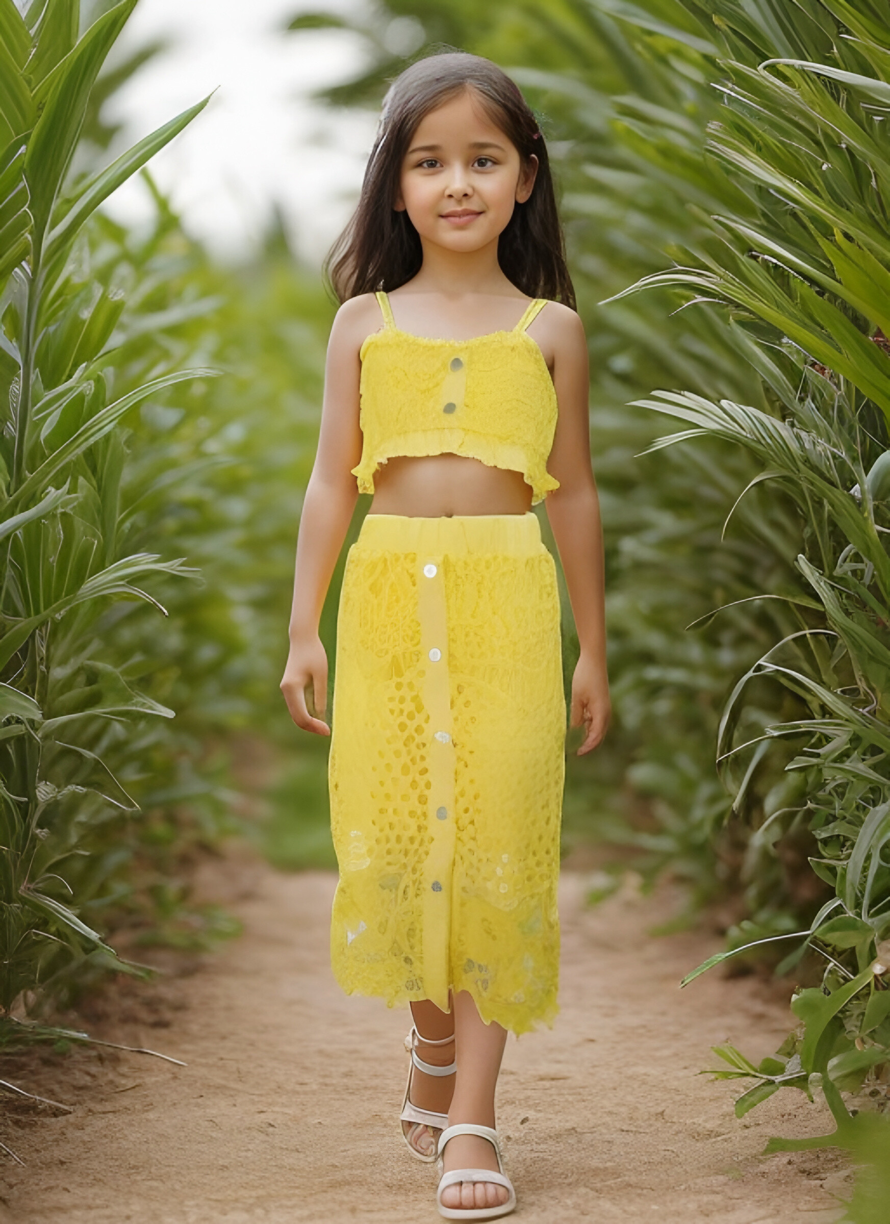Mayorista Chicaprie - Conjunto de top corto con tirantes de volantes y falda de red de ganchillo para niña